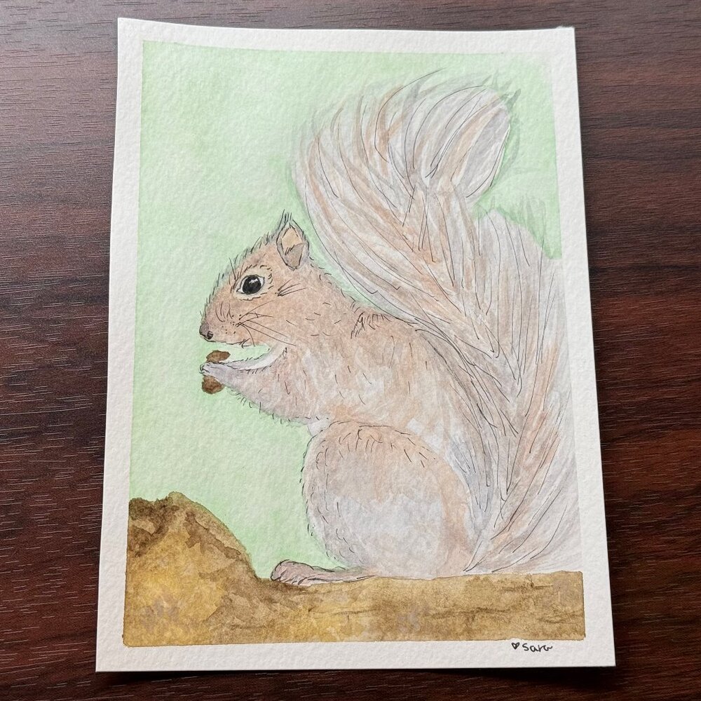 Art Watercolor and Ink Squirrel Handmade